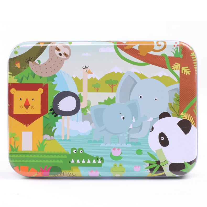120 Stuks Houten Puzzel Cartoon Speelgoed 3D Hout Puzzel Met Ijzeren Doos Pakket Puzzel Kind Verbeteren Logisch Denkvermogen speelgoed
