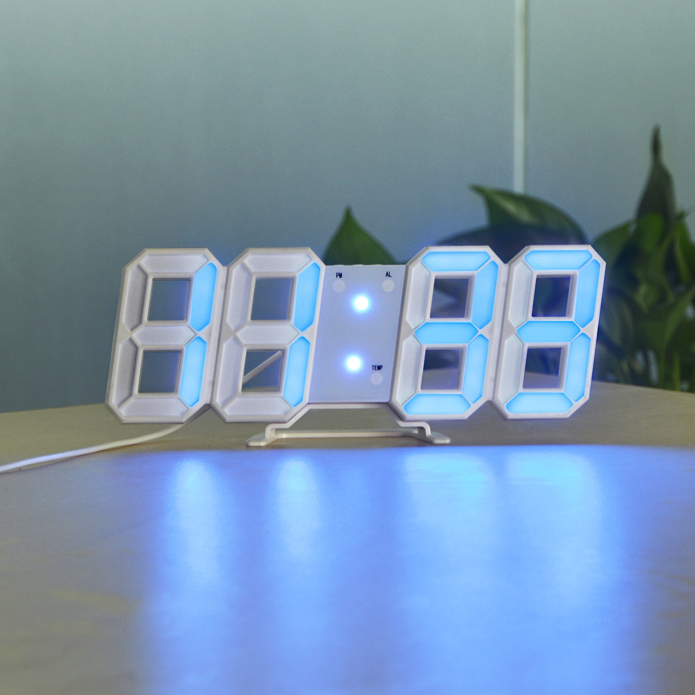 LED 3D Display Alarm Clock Digital Table Clock Home Office Decoration Snooze USB Wake Up light Electronic Desk Wall Clock Watch: White Shell Blue