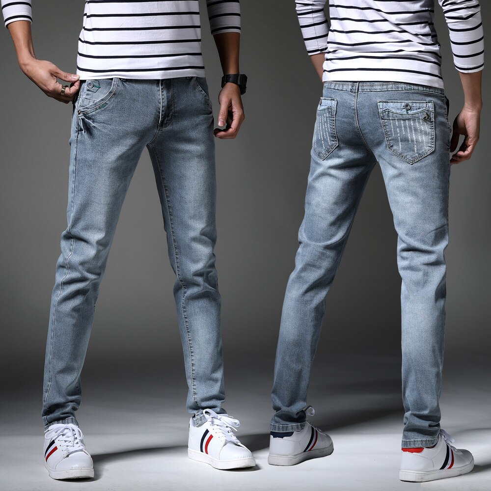 Jeans Men Classic Elasticity Skinny Jeans Business Casual Male Denim Slim Pants Style Gray Blue Jean Trousers Plus Size