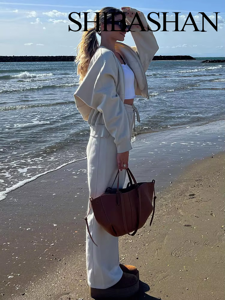 HH otoño mujer Casual sólido traje deportivo manga larga cremallera chaqueta Bomber abrigo + pantalones sueltos de cintura elástica conjuntos de pantalones