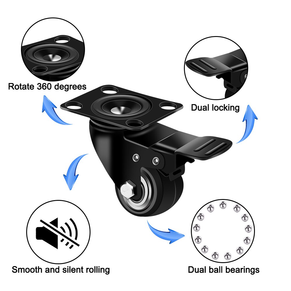 Office Chair Caster Wheels 2 inch Duty Plate Casters with Safety Brake No Noise Lockable 360 Degree Wheels Furniture Hardware