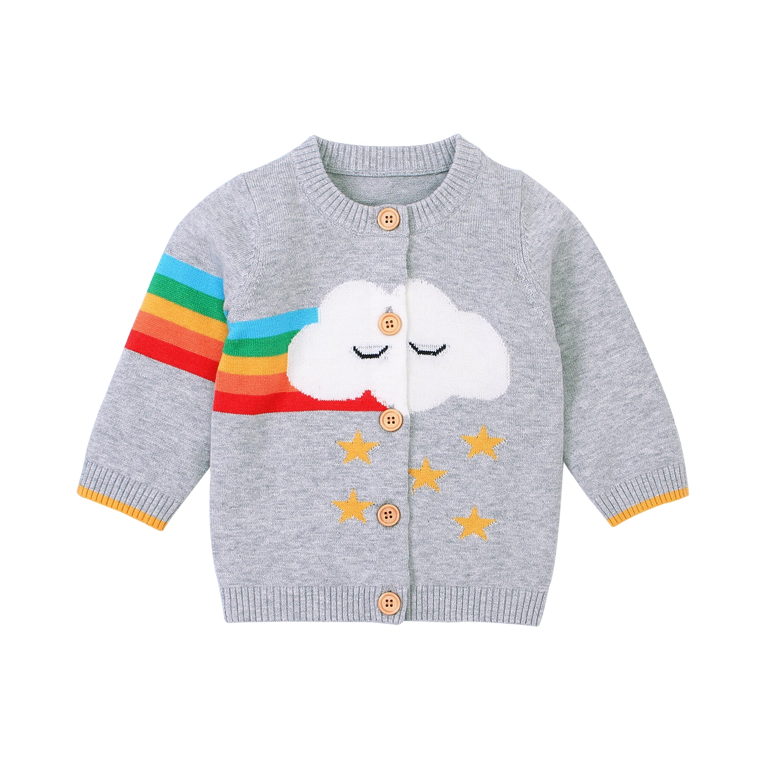 Småbørns efterårstøj o-hals lange ærmer sweater cardigan med regnbue sky stjerne mønstre til baby dreng