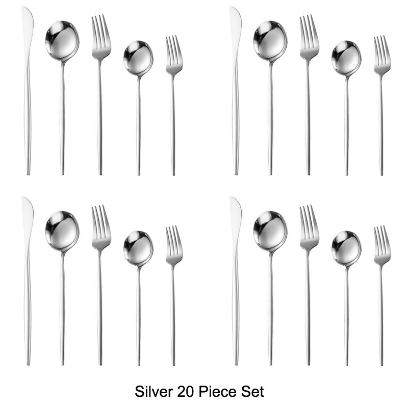 20 pièces or noir ensemble de couverts ensemble de vaisselle 18/10 acier inoxydable couteau Dessert fourchette cuillère vaisselle argenterie directe: Silver