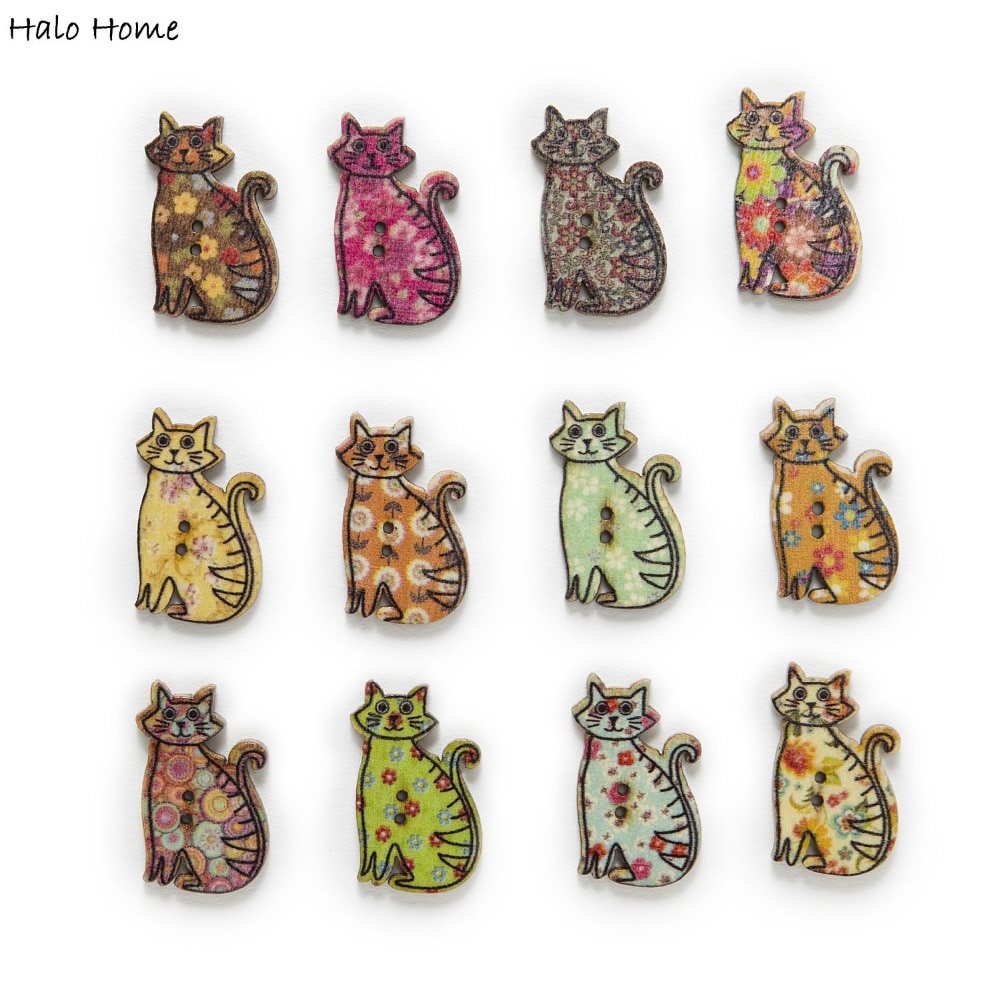 50 stücke Gemischten Stil Katze Holz Tasten Nähen Scrapbooking Heimat Kleidung DIY Machen Handarbeit Dekor Karikatur Dekorative 30x19mm