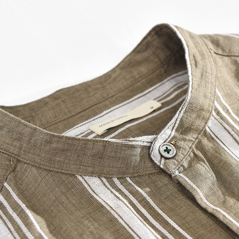 Retro overhemd voor heren zuiver linnen ademend gestreept mandarijnkraag casual gml 03-1937