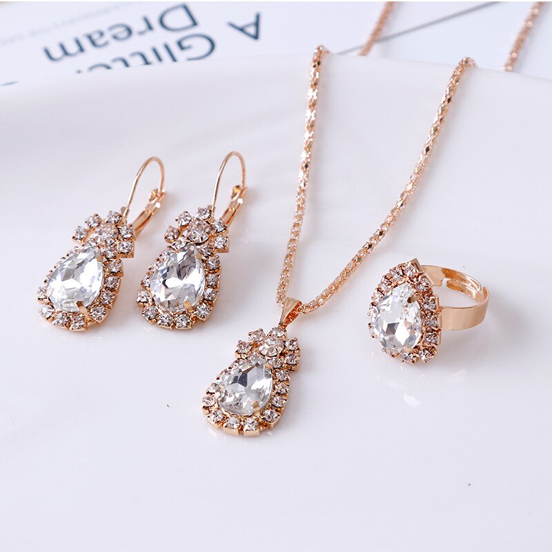 Trendy Party Goud Kleur Water Shape Crystal Oorbellen Ketting Verstelbare Ringen Bruids Sieraden Sets Voor Vrouwen: White