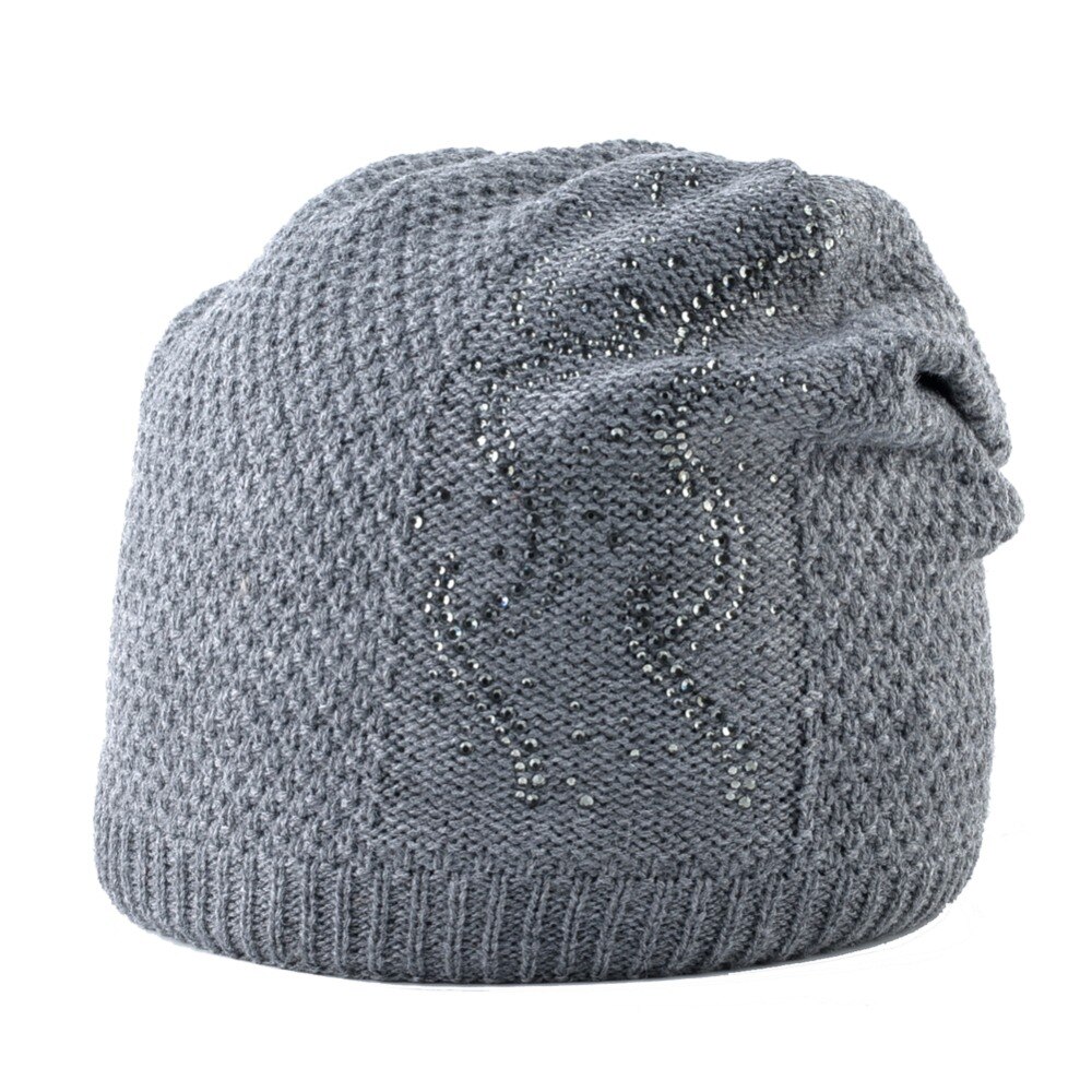 Varm strik beanie med rhinestones vinter dobbelt foring hatte til kvinder fletning ensfarvet skullies beanies dame kasket