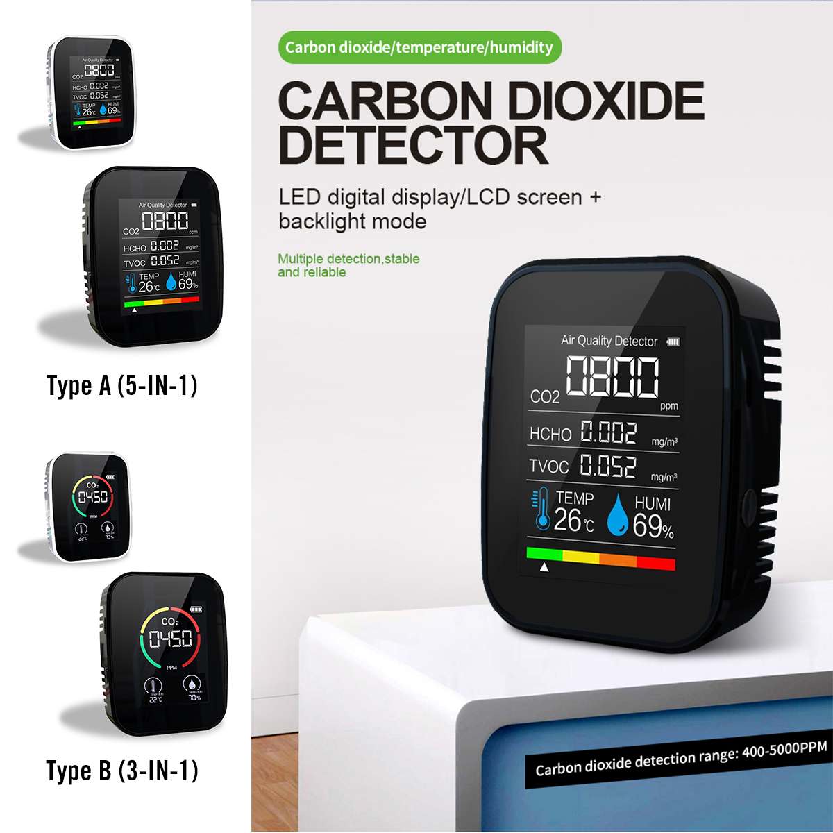 Multifunctional 5 in1 CO2 Meter Digital Temperature Humidity Sensor Tester Air Monitor Carbon Dioxide TVOC HCHO Detector