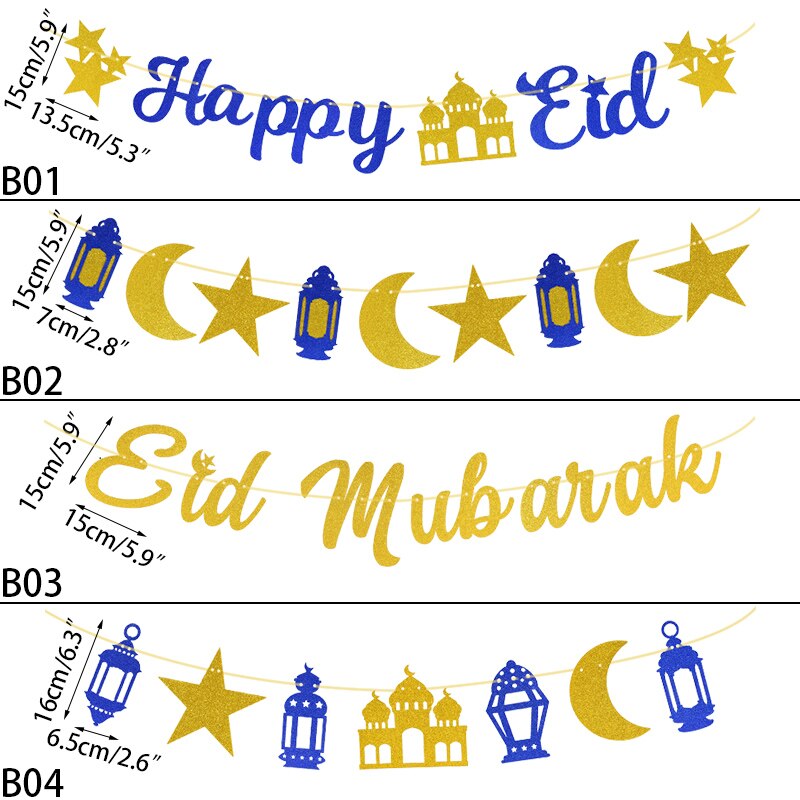 EID Mubarak Banner Glitter Mirror Ramadan Kareem Decoration Garlands Bunting Banner Gold Royal Blue Ramadan Decor For Home