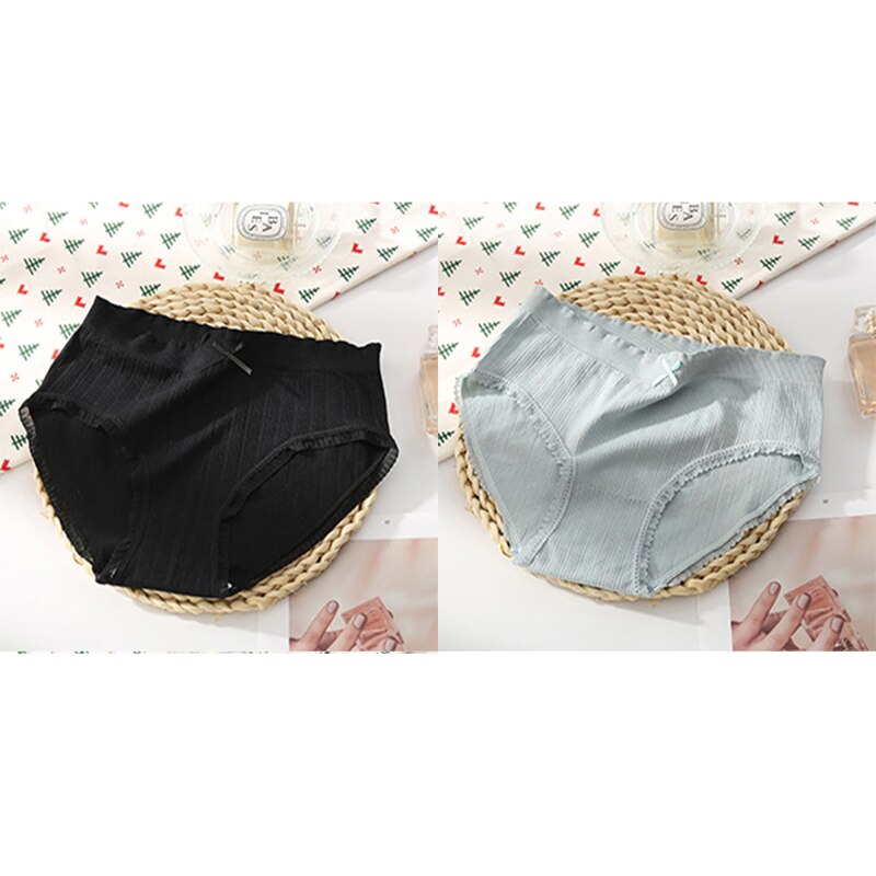 2Pcs Modal Seamless Female Panties Bow Lace Mid-waist Underwear Women Seamless Cotton Crotch Lingerie Multiple Colour Briefs: Black Blue