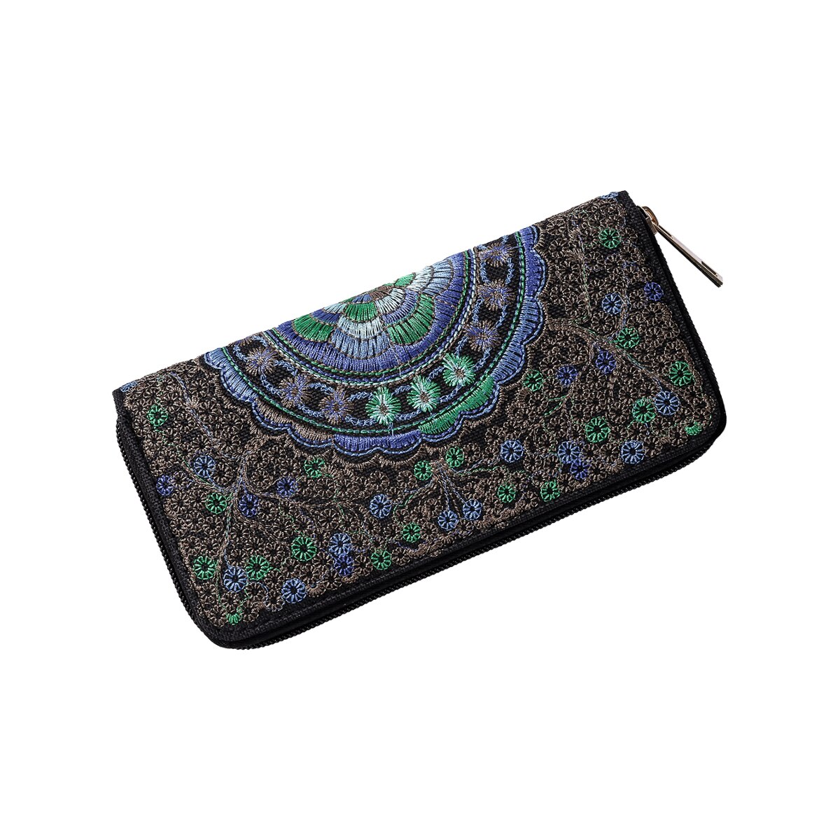 Celebrity style broderet blomsterpung lang pung til kvinder bærbar id kreditkortholder clutch: Sort