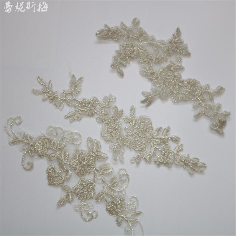 3Pairs Zilver Delicate Bruiloft Sluier Hoofd Ornamenten Lace Applique Lace Trim Dress DIY Kant Accessoires DIY Volledige Zilver BD0561