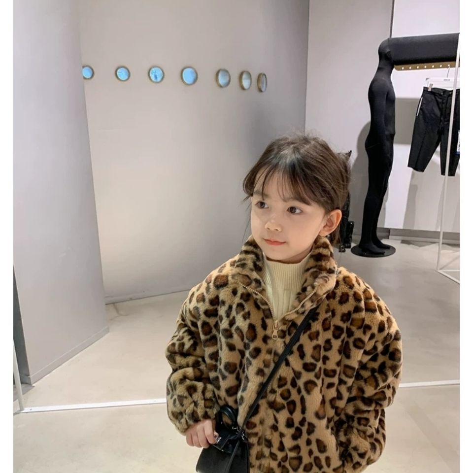 Børnetøj drenge piger frakke furry leopard print plus fløjl tyk vinter koreansk kort jakke
