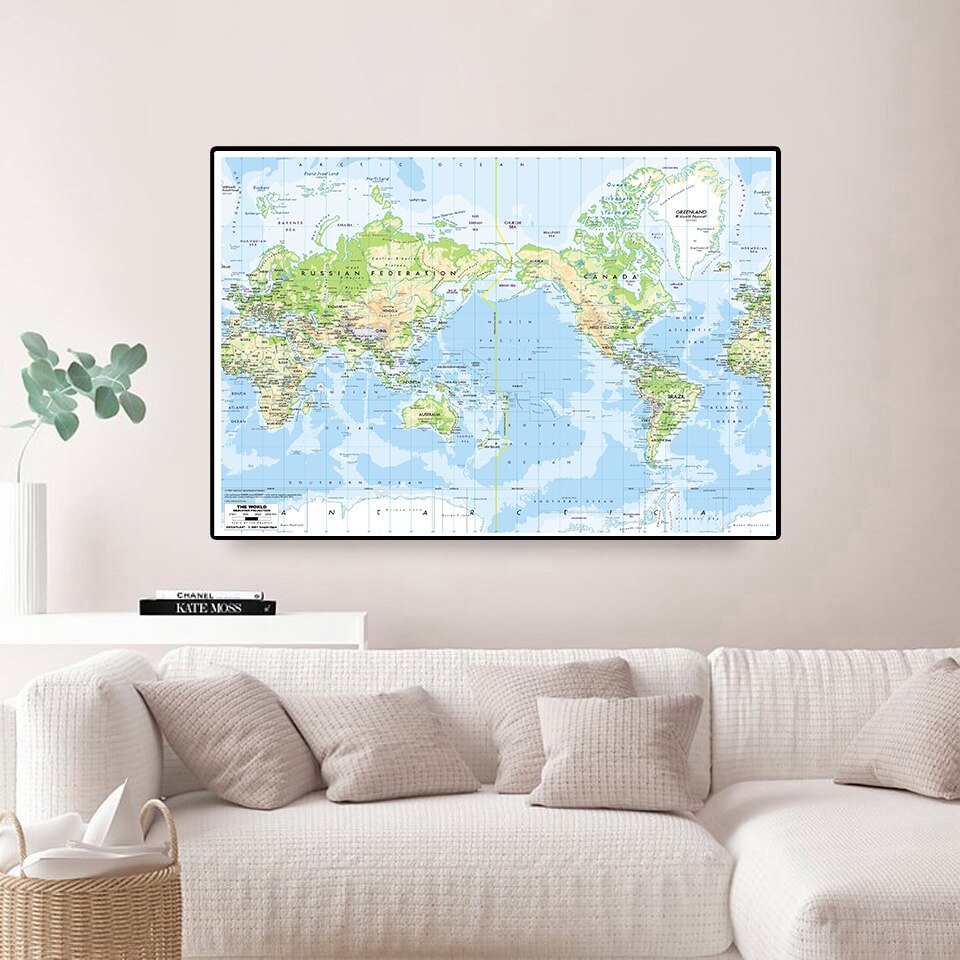59*42cm Terrain Map of The World Study Supplies for Geographical Research Canvas Painting Wall Poster Classroom Home Decor