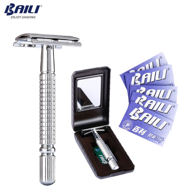 BAILI Manual Safety Razor Silver Classic 3 Piece Double Edge Wet Shaving Men Shaver Women Hair Removal with Free Platinum Blades: Razor suit F