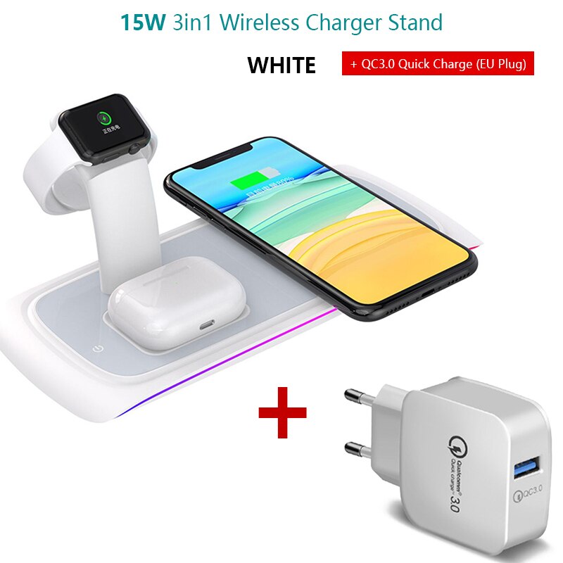 15W Snelle Qi Draadloze Lading Universele 3 In 1 Draadloze Oplader Voor Iphone 11 Xs Iwatch Airpods Pro Telefoon stand Laadstation: White and QC3.0