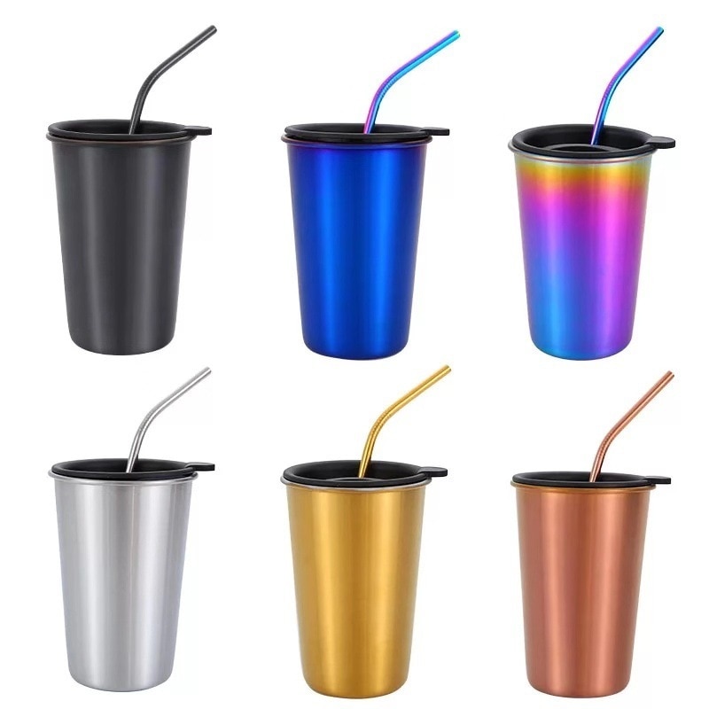 500ml metallinen muki 304 ruostumaton teräskuppi kannettava olkikannen eristys juoma-astia kahville maito olut matka leirintäkeittiö