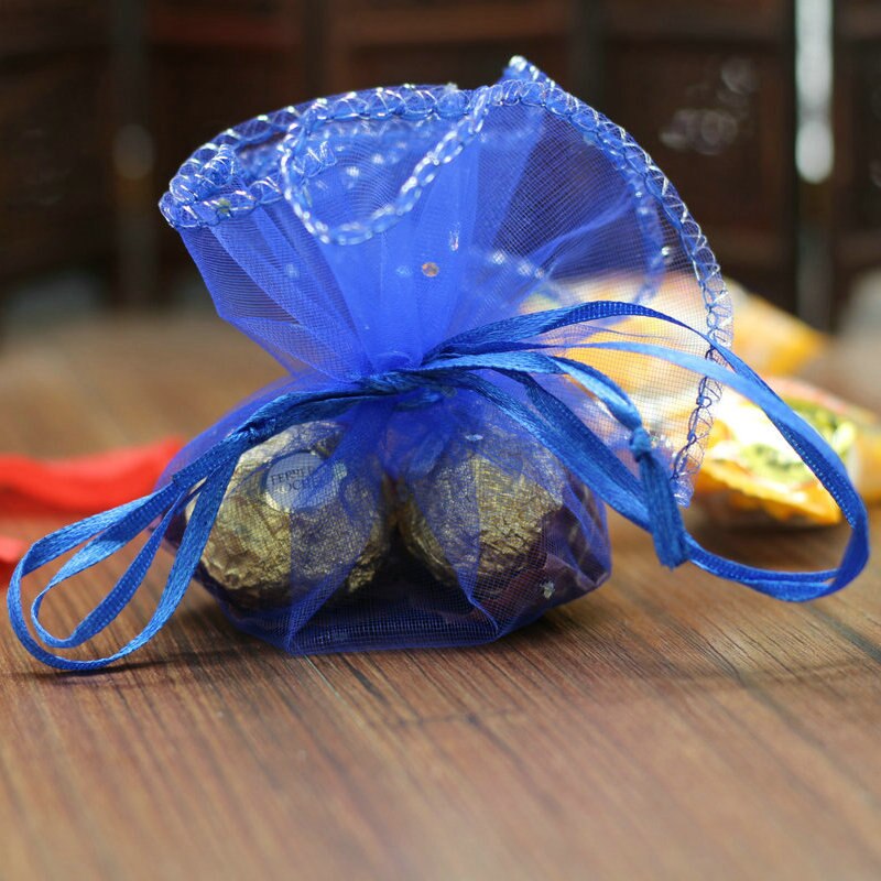 20 stk 25cm runde snøre organza taske jul jul chokolade slikpose bryllupsfest smykker emballage taske: Blå