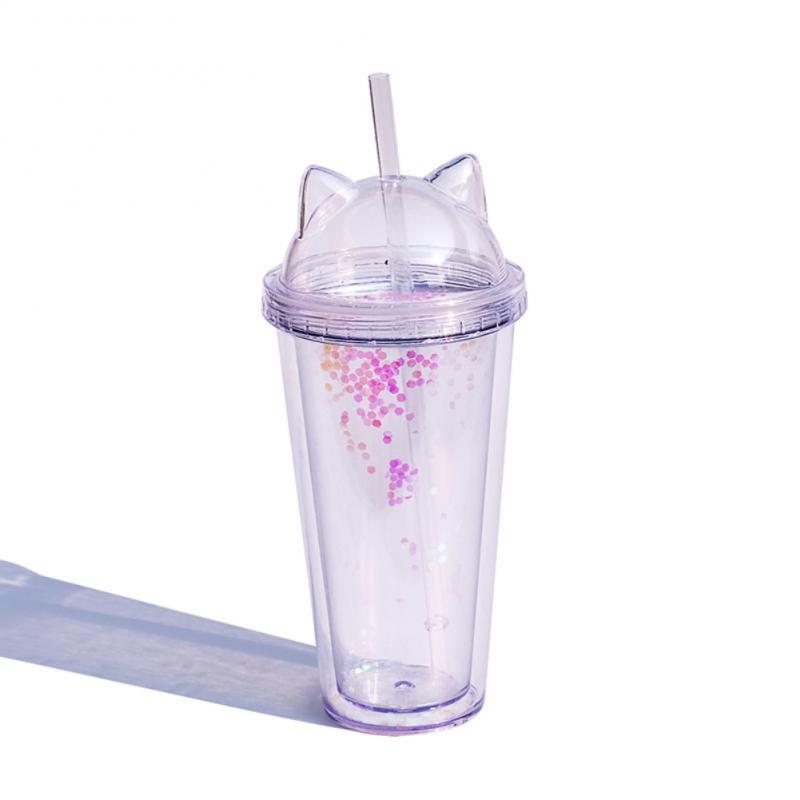 Tasse en plastique Transparent avec oreille de chat, Double couche, 473ml/16oz, tasse d&#39;eau, tasse de paille, tasse à café, gobelet avec paille: 03