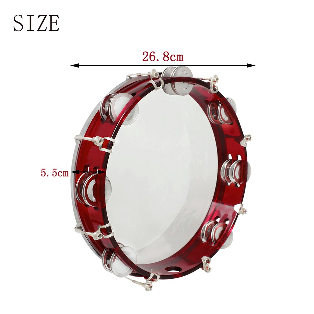 10 Inch Tambourine Percussion Instrument Self-Tuning Tone Hand Drum Double Row Jingles Bell Musical Educational Toys: Red