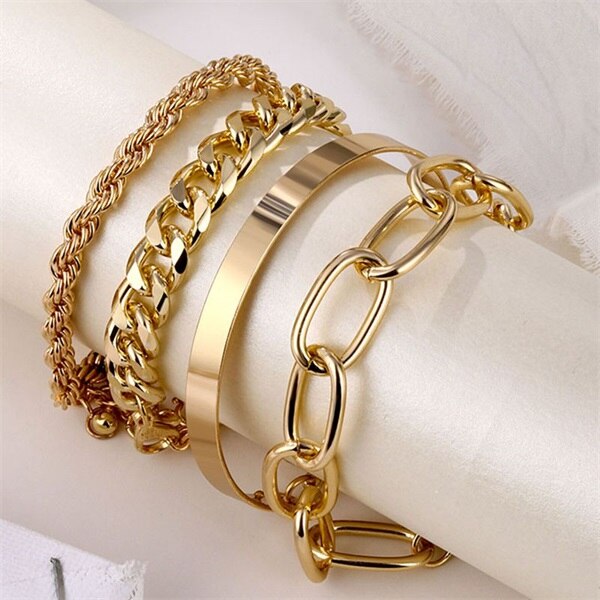 Es 4 unids/set encanto cubano cadena pulseras para las mujeres Miami Bohomia de oro brazaletes de pulseras mujer joyería de: 47ENS0128-01