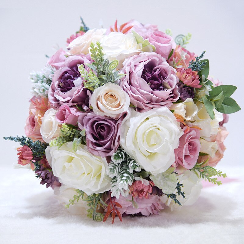 JaneVini Romantic Pink Purple Bridal Flower Bouquet Wedding fleur rose Peonies Bride Bouquets fleurs artificielles
