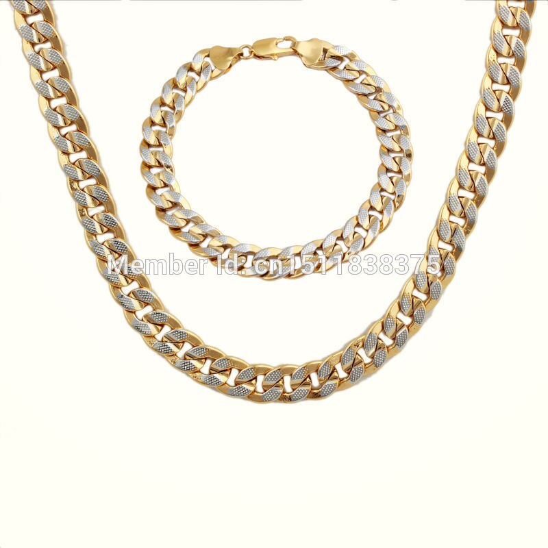 Trendy two color Gold Filled Necklace Bracelet wedding Accessories Jewelry Sets Men & Women Chain