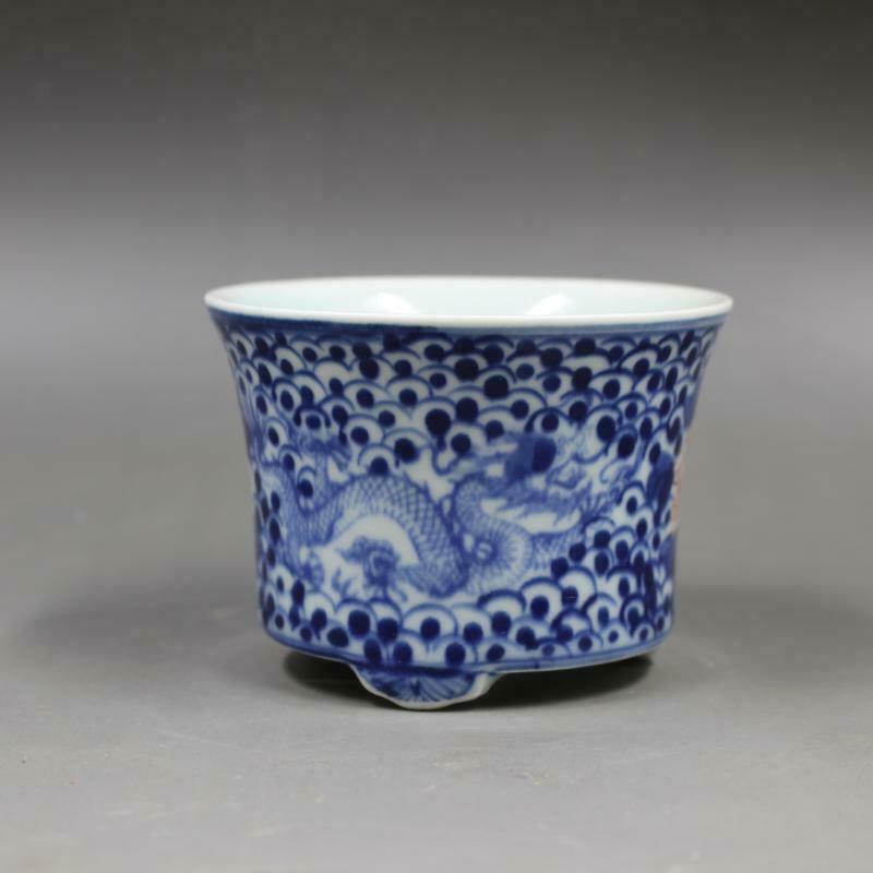 Chinese Blue and White Porcelain Red Flower &amp; Dragon Pattern Succulent Plants Mini Flowerpot Pot Home Ornaments