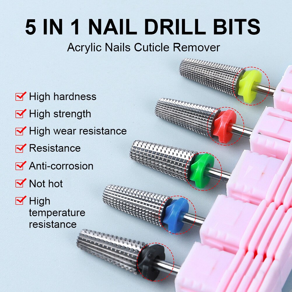 Brocas para uñas 5 en 1, removedor de cutículas de acrílico, broca de acero de tungsteno, herramienta de manicura y pedicura para salón de casa