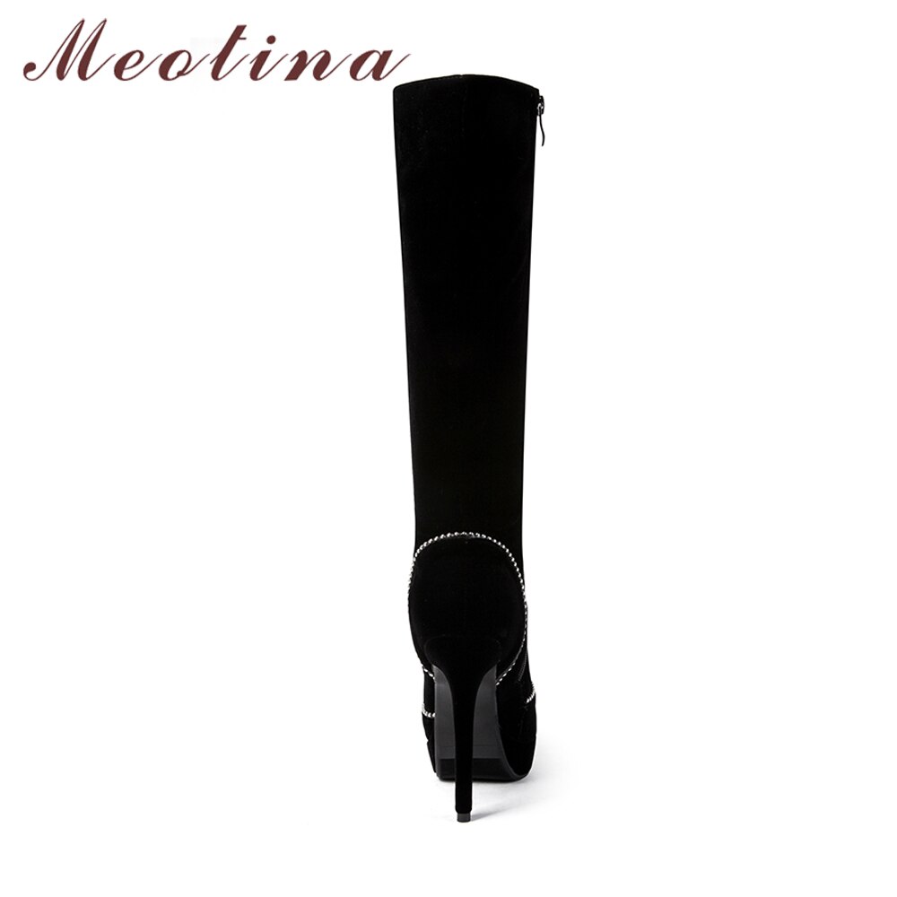 Meotina Knie Hoge Laarzen Vrouwen Schoenen Hoge Hak Laarzen Winter Platform Sexy Dames Lange Laarzen Herfst Stiletto Schoenen Zwart 33 -43