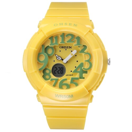 Ohsen digitaal quartz kinderhorloge voor meisjes, waterdicht, outdoor sporthorloge voor jongens, zwart siliconen dameshorloge: Geel polshorloge