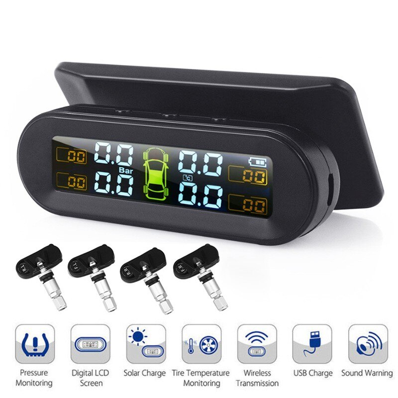 Bandenspanningsbewakingssysteem, Riloer TPMS draadloze verbinding met 4 externe sensoren, groot lcd-display, stroomvoorziening op zonne-energie en USB-poort