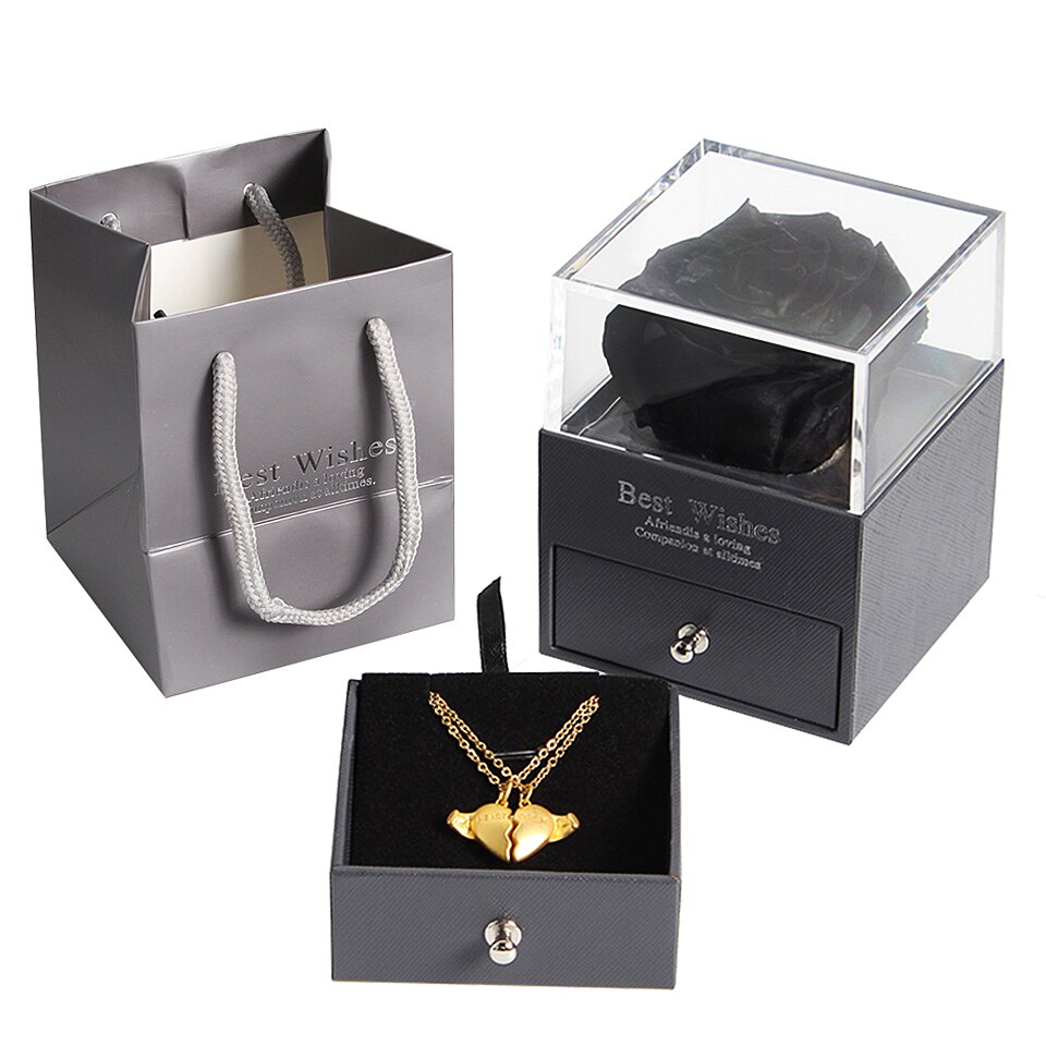 Preserved Real Rose Jewelry Box with Necklace Holder Immortal Flowers Forever Blossom Wedding Birthday Set for Women: black with necklace