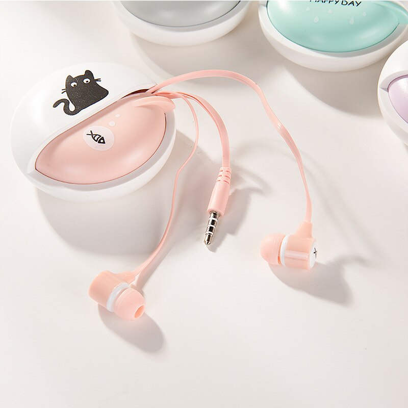 3.5Mm Leuke Kat Wired In-Ear Koptelefoon Stereo Muziek Mic In-Ear Oortelefoon Oordopjes Case met 1.2Mwired Met Controle Knop