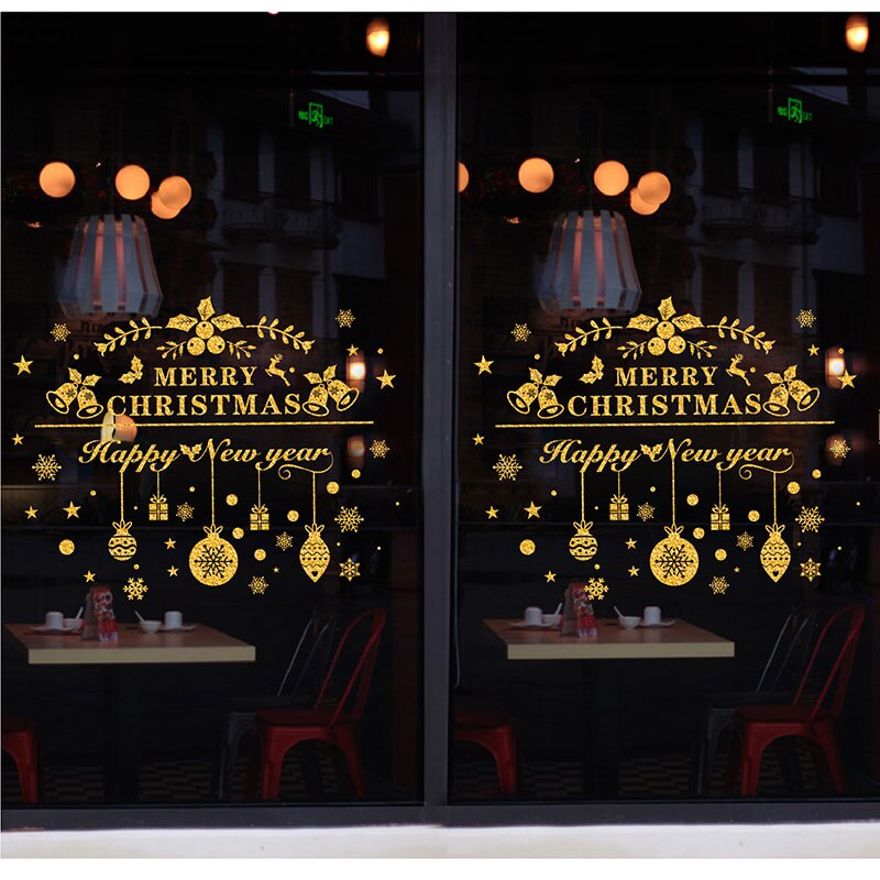 Merry Christmas Gold Garland Stickers Shining Tree Window Sticker Xmas Wall Decals Year Showcase PVC Wall Paper Home Decor