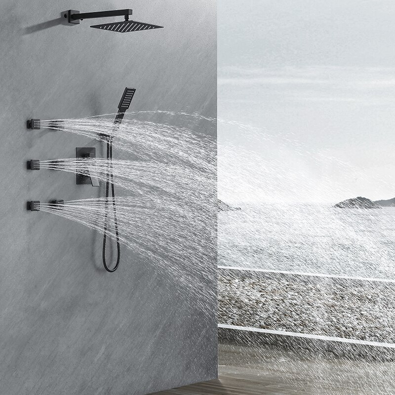 Square Black Body Rain Shower Spray Jets Bathroom Solid Brass Square Head Sprayer Set Saving Water Massage Jet System