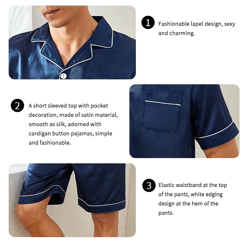 Neues Herren Satin- Schlafanzug einstellen für Sommer lässig Pijama Taste Nieder Tasche Kurzarmhemd mit kurze Hose Salon tragen Nachtwäsche einstellen