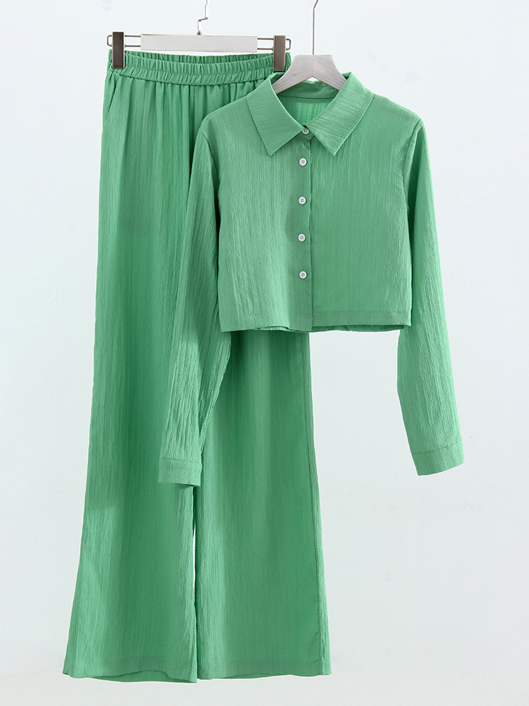 Sommersæt med crop top og bukser til kvinder, 2- delte lige bukser, damejakkesæt, 2-delte sæt til kvinder, skjorte og bukser: S / Turkis