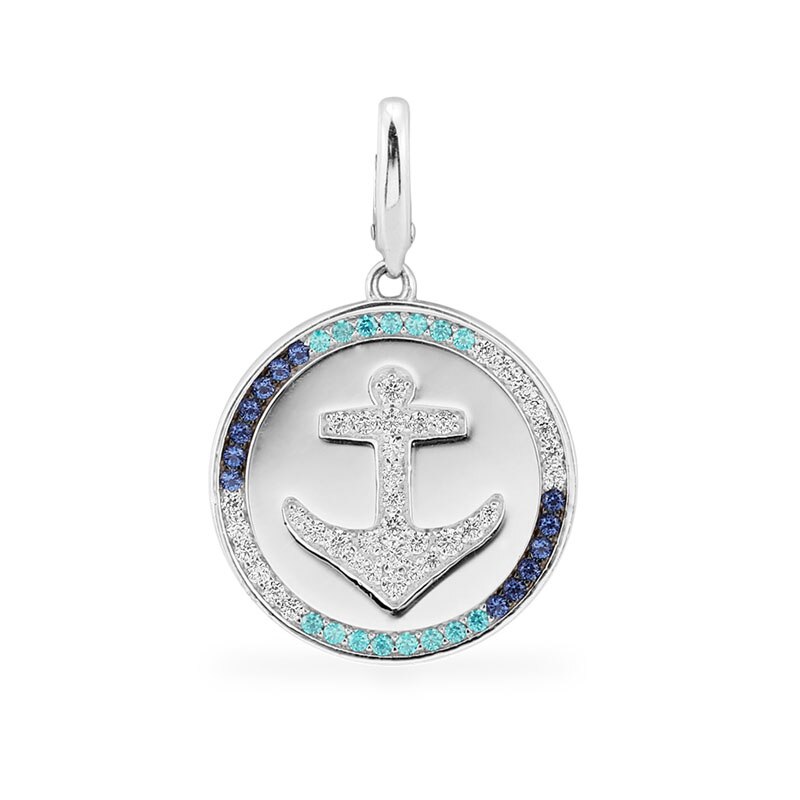 SLJELY Real 925 Sterling Silver Navy Blue & Lagoon Anchor Medal Clipping Charm Pendant Pave Zirconia Women Brand Jewelry