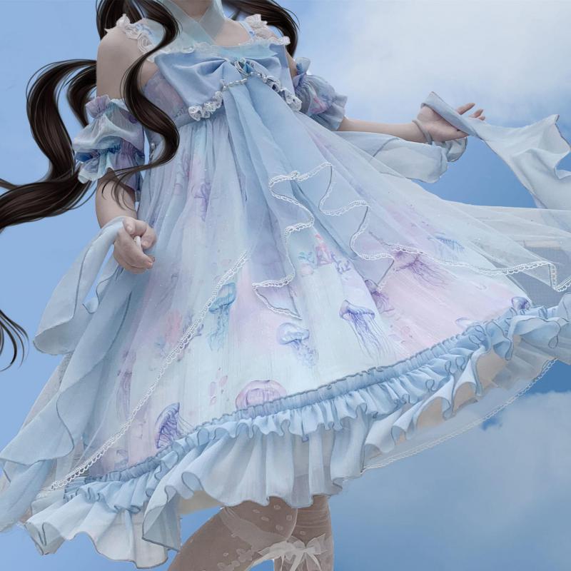 Soft Girl Cute Cartoon Cat Print Jsk Lolita Dress Japanese Sweet Lolita Dress Women Harajuku Chic Lace Tulle Bow Tea Party Dress: Blue Suit A / M