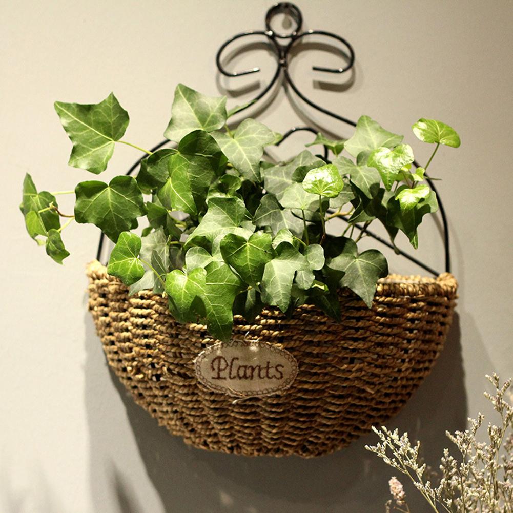 Cestas colgantes de paja para el hogar y el jardín, cesta de almacenamiento con colgador de flores para plantas, maceta colgante de pared