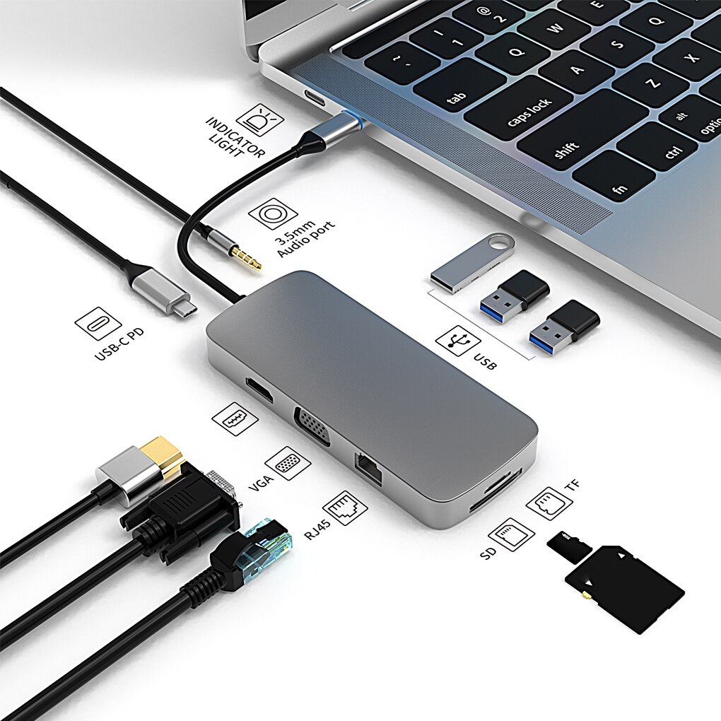 10 in 1 USB 3,0 Hub Adapter Typ C HDMI-compatialble RJ45 VGA 4K PD USB Hub Für macbook Profi Docking Bahnhof