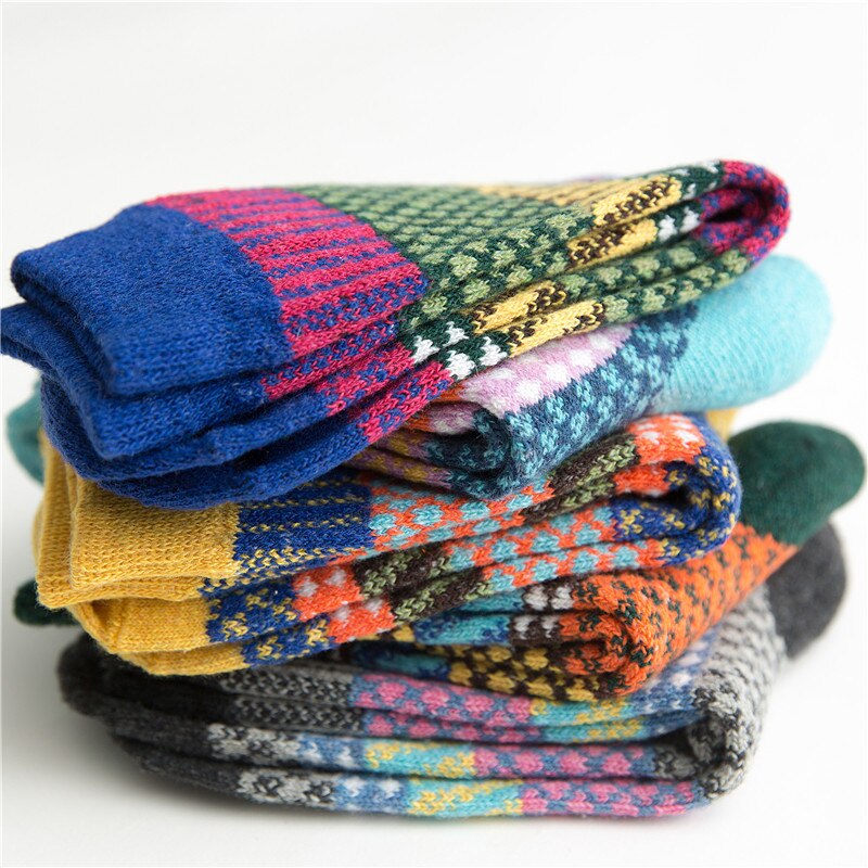 Dames Wollen Katoenen Sokken - 5 Paar - Dikke Winter Casual Ruitjes - 25cm Lengte