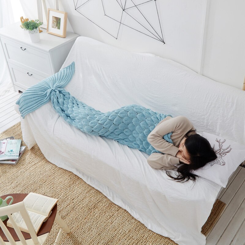 Knitted Mermaid Tail Blanket Fish Scales Crochet Handmade Sleeping Bag for Kids Adult Birthday Christmas
