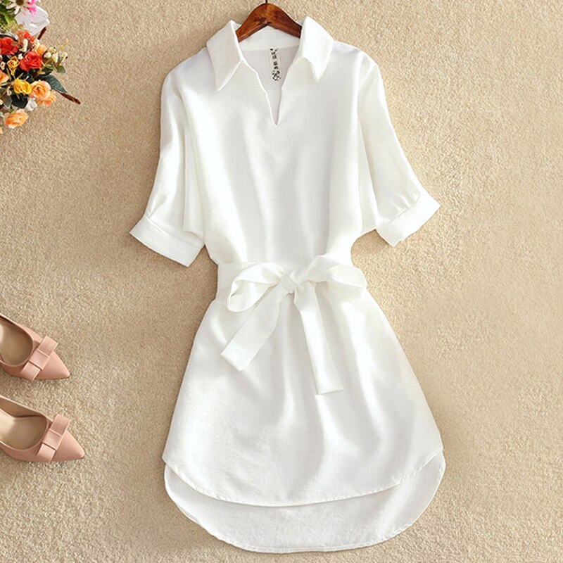 Casual hvit tunika kvinne kjole sommer kontor dame chiffon skjortekjole for kvinner kortermet solide sashes kjole vestidos: L / Hvit