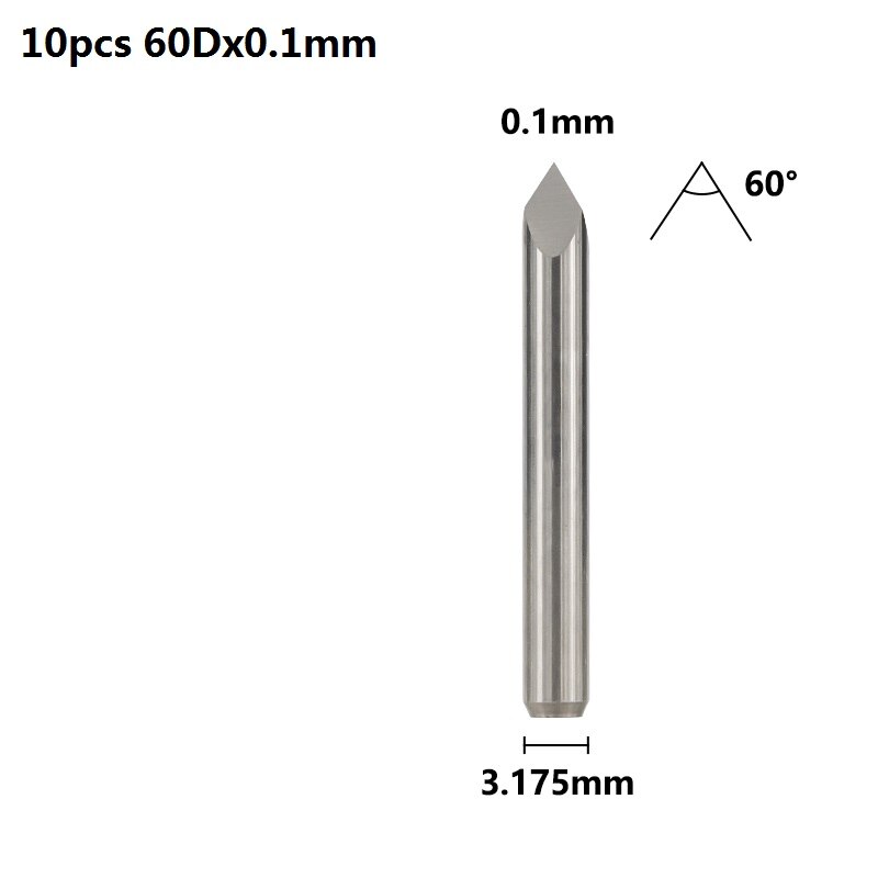 Xcan 3 Rand Piramide Graveren Bits 10 Stuks 20/30/40/45/60/90 Graden Tip 0.1-0.3Mm 3.175Mm Shank Cnc 3D Frees: 10pcs 60Dx0.1mm