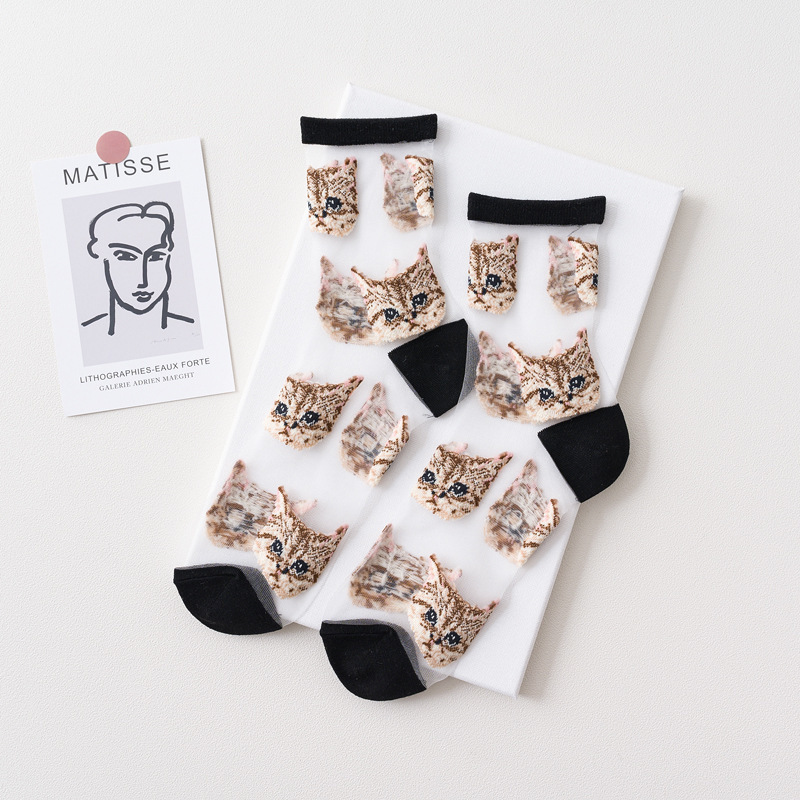 Femmes Transparent mignon chat chaussettes Kawaii dames japonaise coréenne à la été mince cristal soie chaussette en Fiber de verre bas: Beige