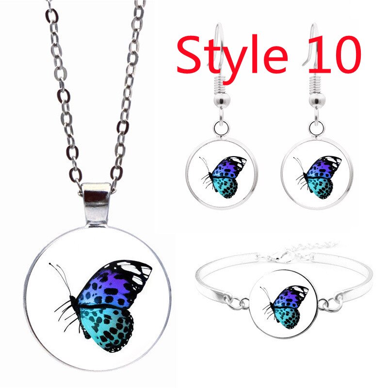 Tegel Sieraden Vlinder Glas Cabochon Ketting Stud Oorbellen Armband Set Totally 4Pcs Boom Celestial Vrouwen Sieraden Set: Style 10