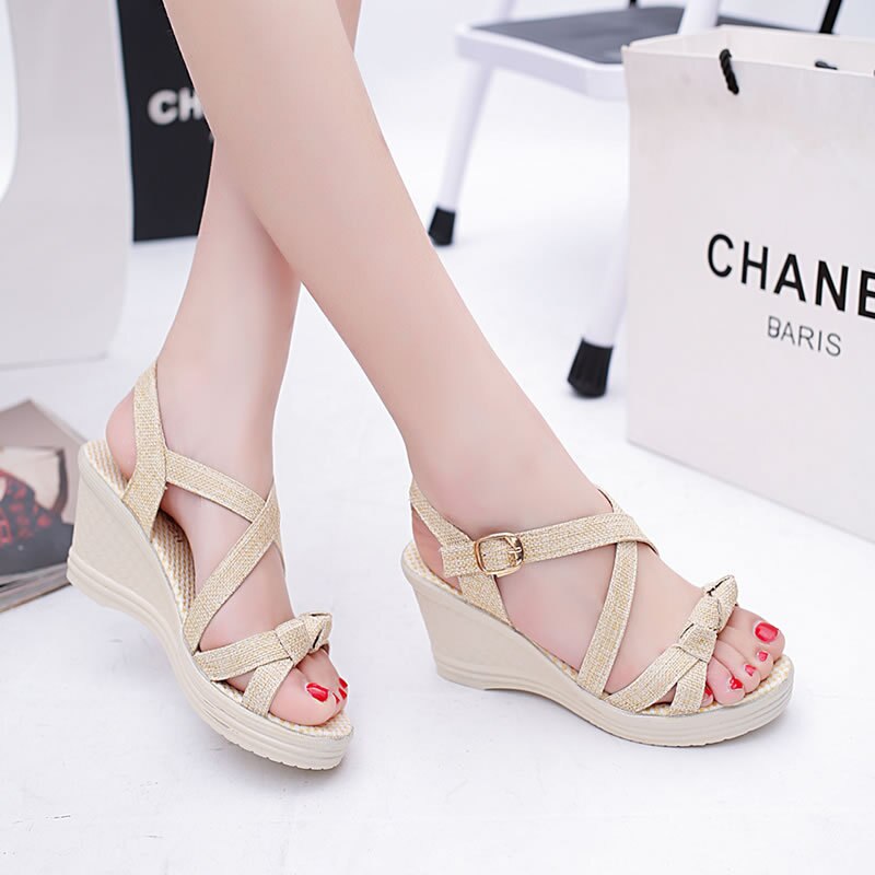 Peep Toe Cross-Strap Med Front Rear Strap Platform Wedges Women Sandals Solid Women Shoes Wedges Buckle Strap Sandals: Beige / 35