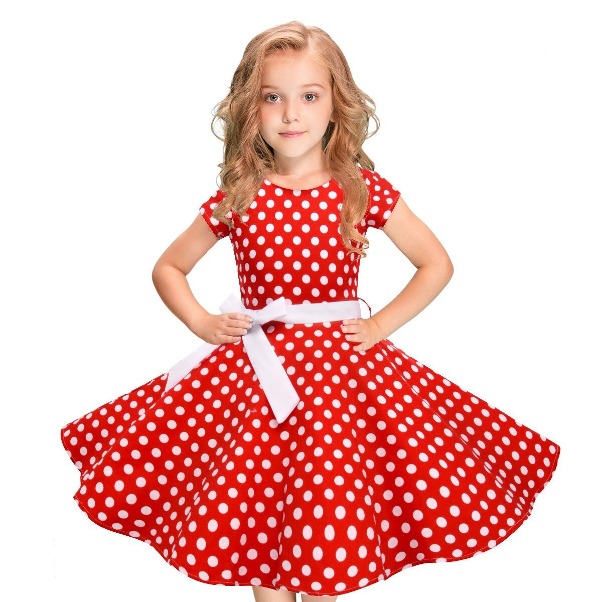 40# Kids Girls Vintage Dress Polka Dot Princess Swing Rockabilly Party Dresses Kids Girls Children's Clothing Платье Для Девочки: Red / 150